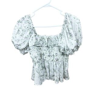 Dillard White Floral Boho Cottagecore Smocking Waist Puff Sleeve Cropped Top